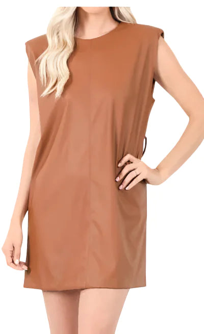 Camel Leather Dress /w shoulder Pads