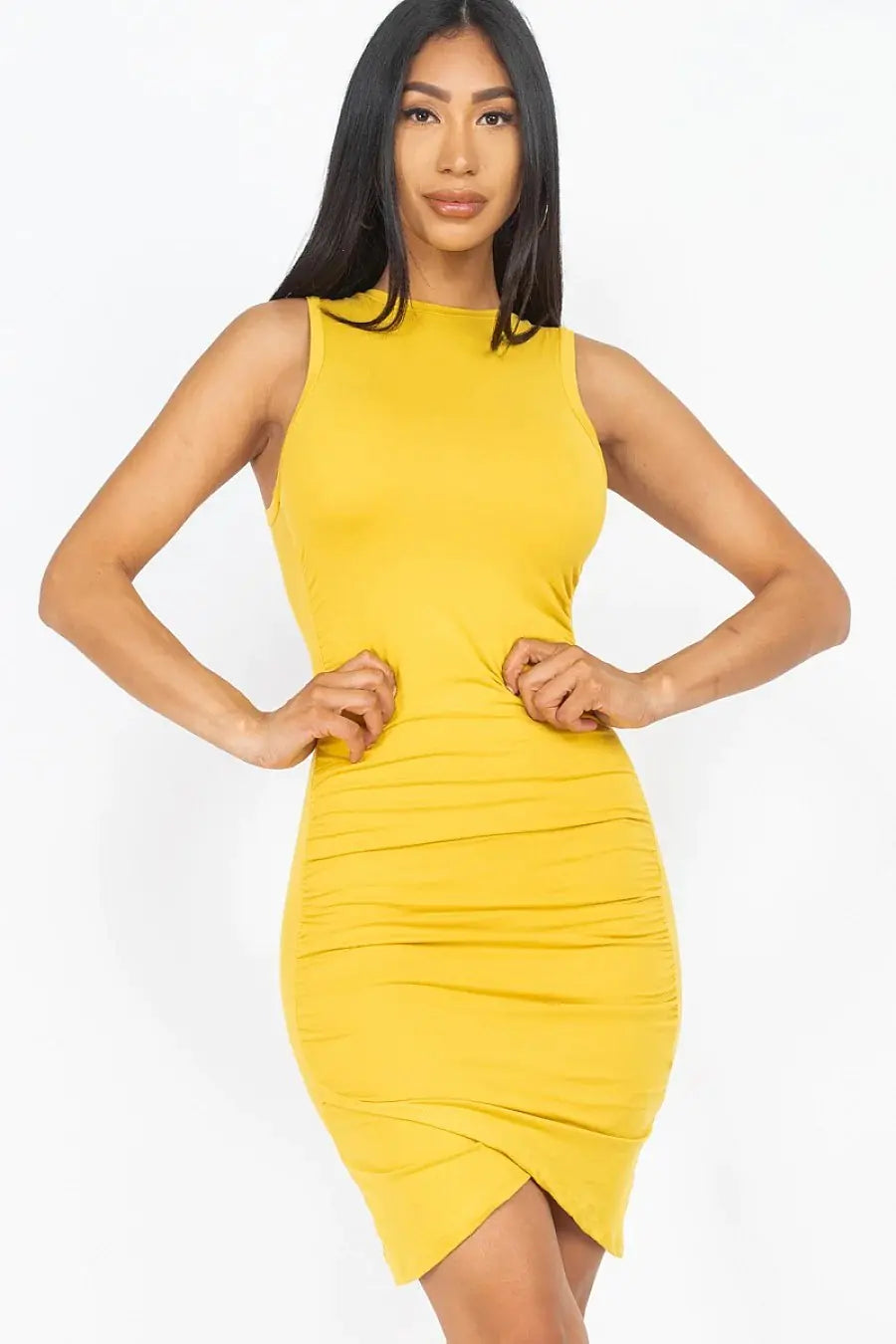 Shirred Bodycon Mini Dress- Stretch knit - Sleeveless