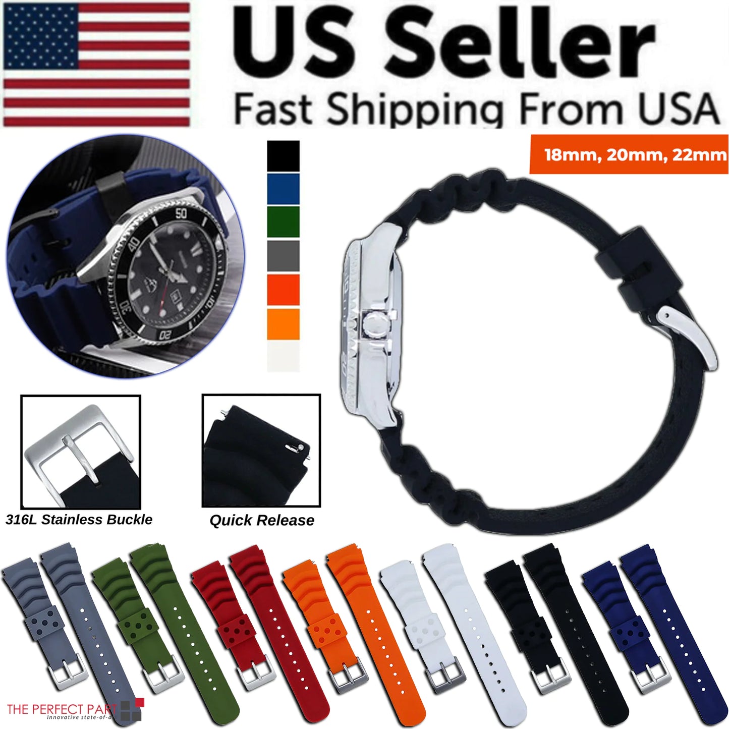 18mm 20mm 22mm Soft Silicone Watch Band Divers Replacement Strap Quick Release